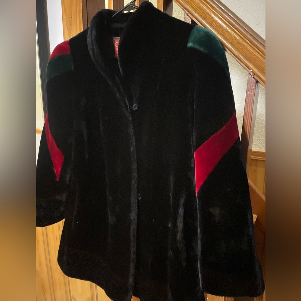 Vintage 80s Sasson Borgazia Black Faux Fur Coat Striped Sleeves Women’s 10 rare - Picture 2 of 11